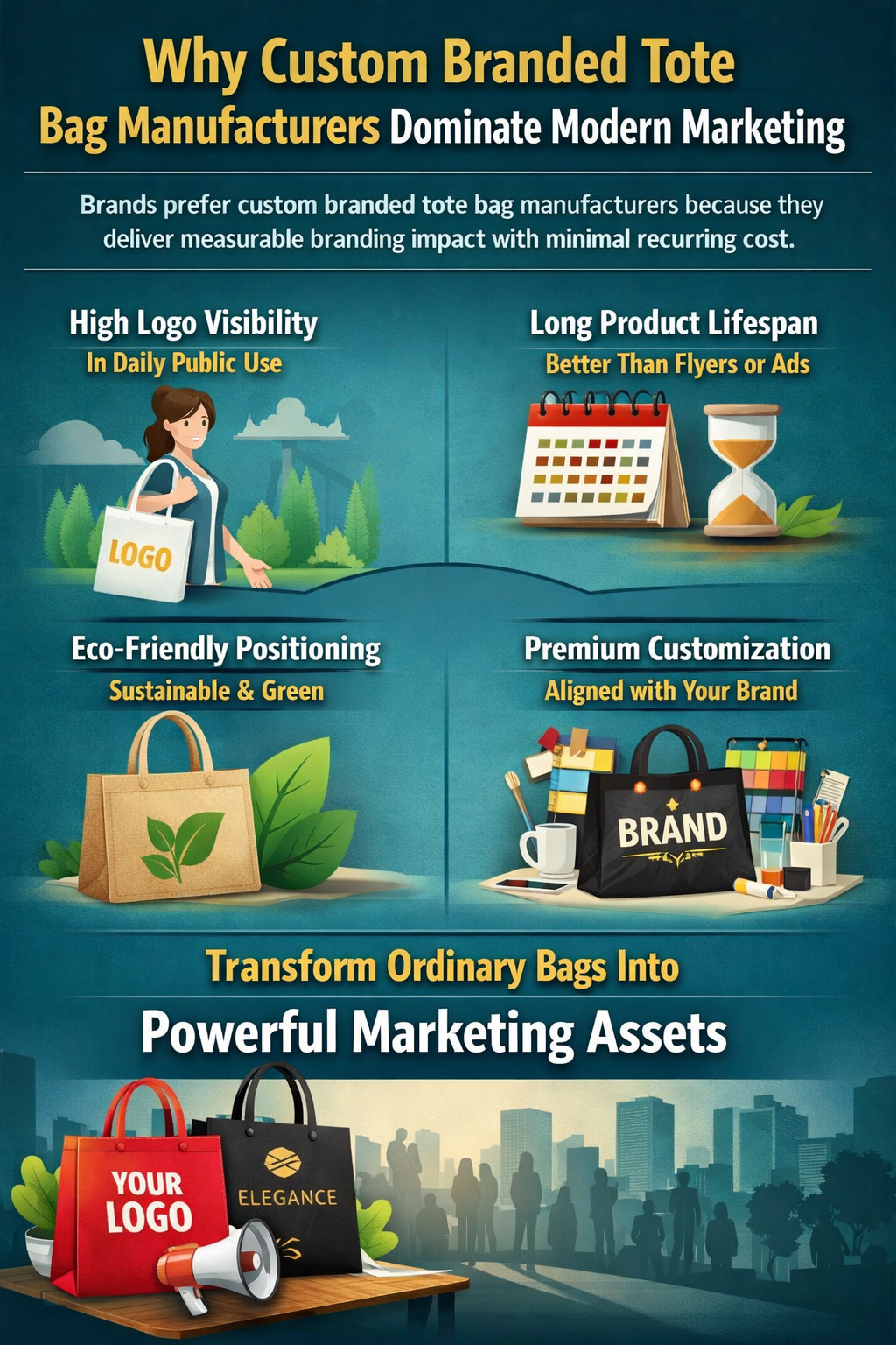 Custom branded tote bag manufacturers highlighting eco-friendly branding, premium logo printing, and durable tote bags for business promotion. Custom branded tote bag manufacturers creating reusable tote bags that transform everyday use into powerful marketing assets. Custom branded tote bag manufacturers offering sustainable tote bags with strong brand visibility and premium customization.