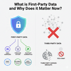 Infographic comparing First-Party Data vs Third-Party Data for Seven Boats Academy, showing a secure shield with email, purchase history, and WhatsApp icons versus obsolete cookies and tech giant tracking to highlight trust, accuracy, and cost-efficiency in digital marketing.