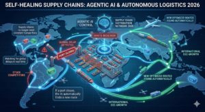 Futuristic Global Infographic by Assiduus: A 2026 self-healing supply chain map powered by Agentic AI. The visualization shows real-time global delay detection at a 'Port Closed' barrier, followed by the AI automatically redrawing efficient new routes via air, rail, sea, and road for 'International D2C Growth,' ensuring resilient e-commerce distribution.
